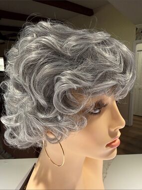 HAIR, Pixie with Bangs, Curly, Free Part, Gray/Silver